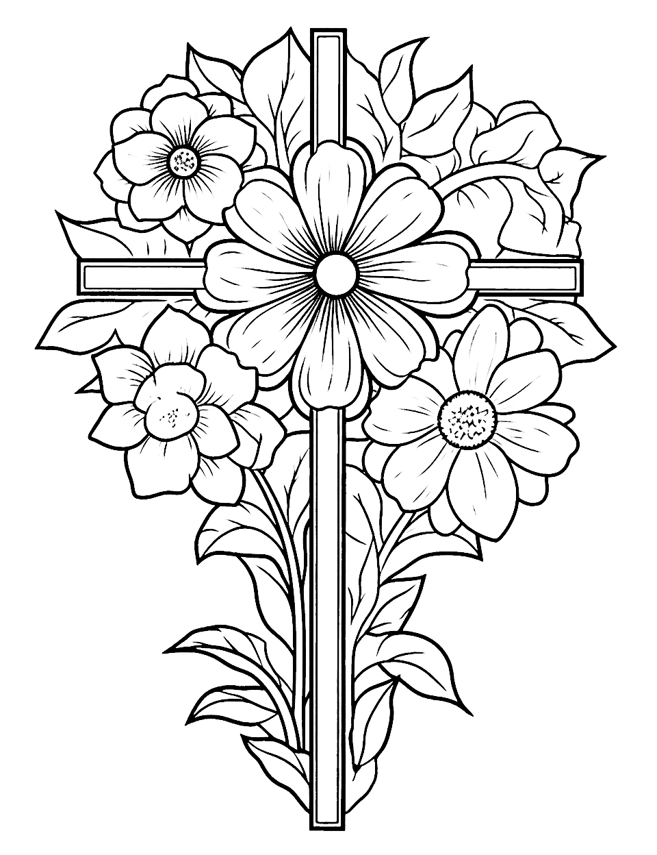 Floral Cross Easter Coloring Page - A cross adorned with intricate floral patterns and blossoming flowers symbolizing the connection between Easter and the beauty of nature.