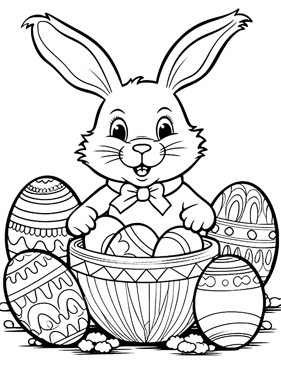 Happy Easter Bunny Coloring Page - A cheerful bunny with a basket full of colorful Easter eggs and a “Happy Easter” message.