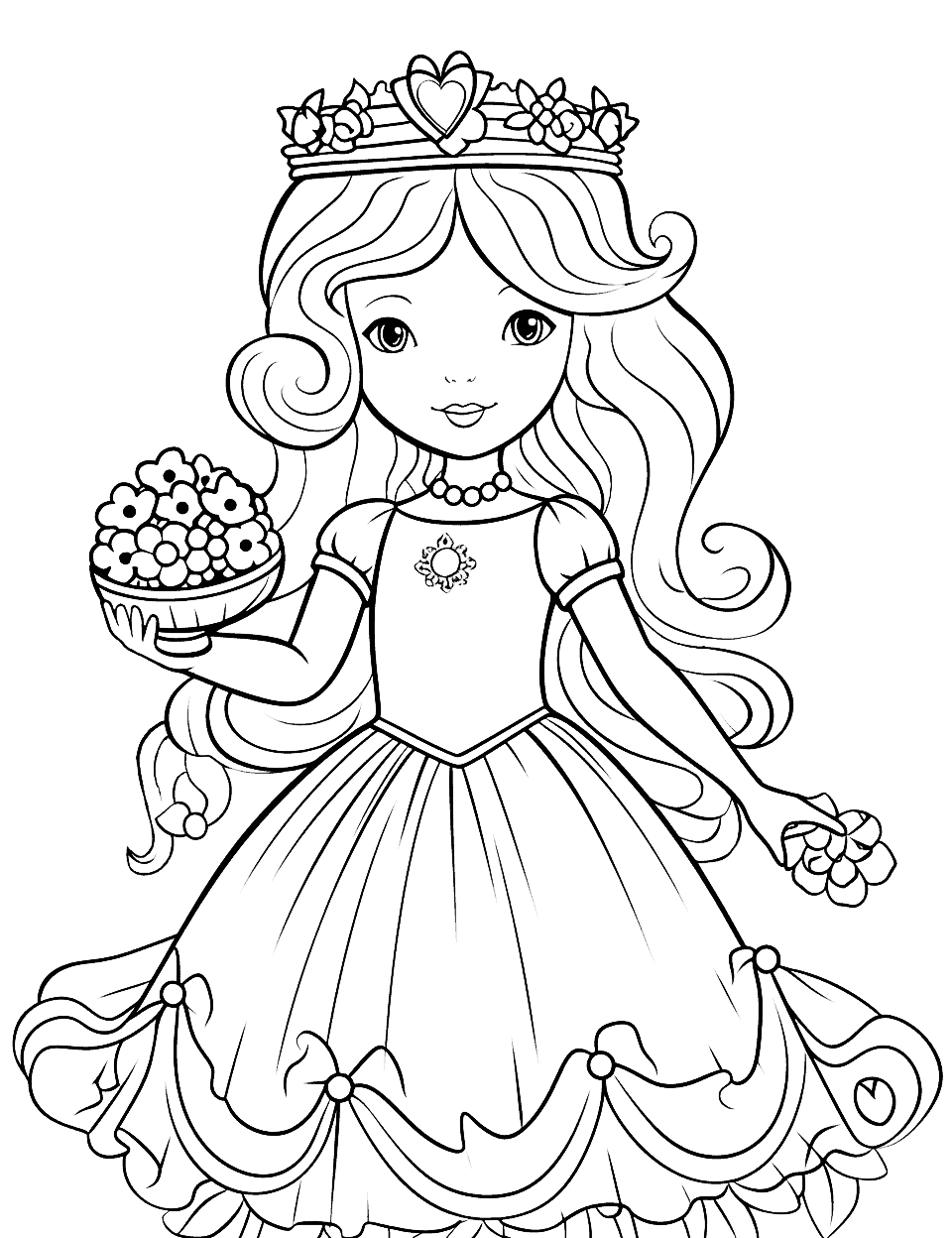 Detailed Princess Easter Coloring Page - A princess dressed in an elegant Easter outfit, surrounded by flowers and holding a basket of flowers.