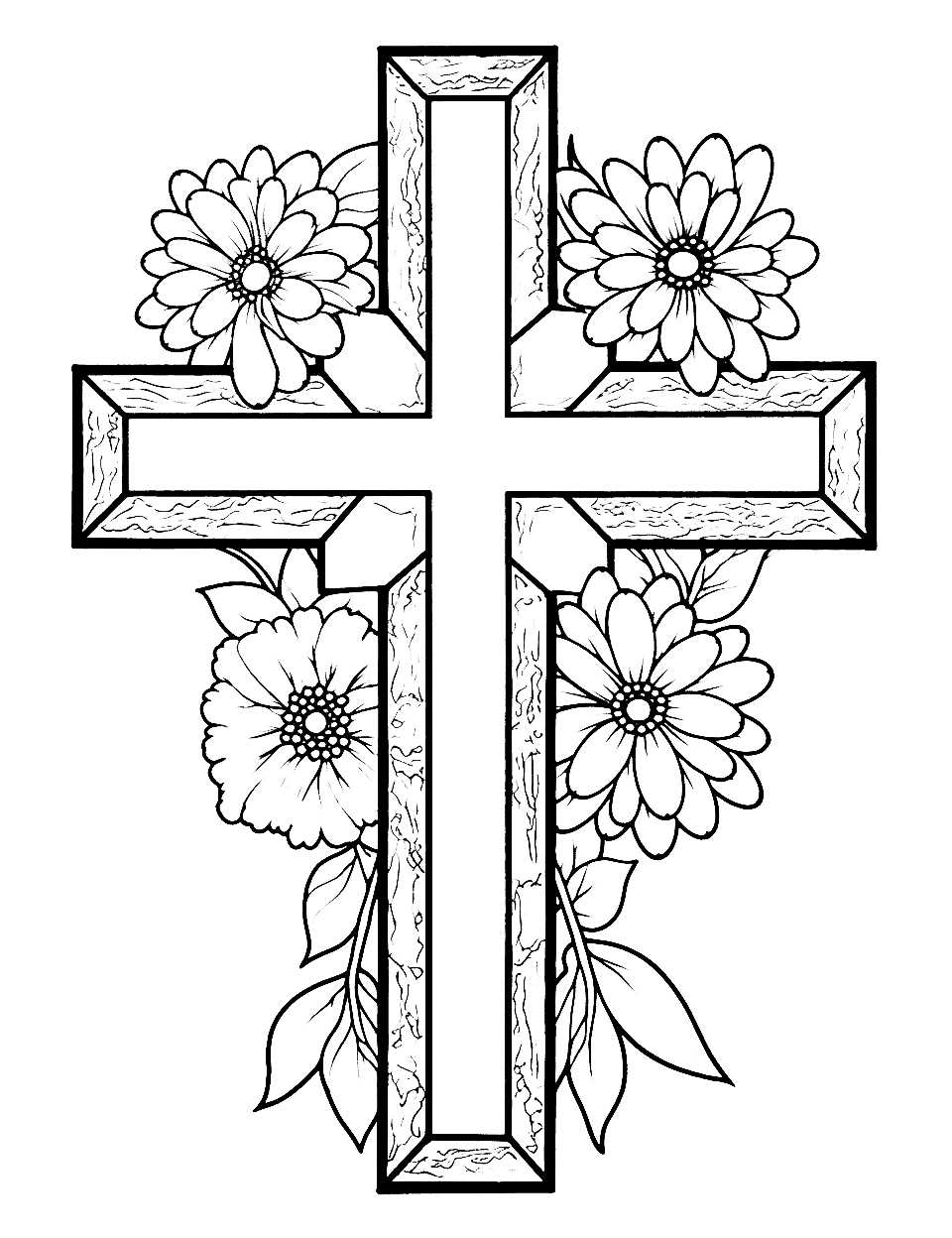 Cross and Flowers Easter Coloring Page - A beautiful cross adorned with blooming flowers representing the significance of Easter.