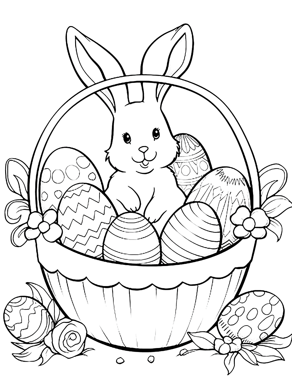 Easter Basket Delight Coloring Page - A basket filled with various Easter treats like eggs, flowers, and a cute bunny.