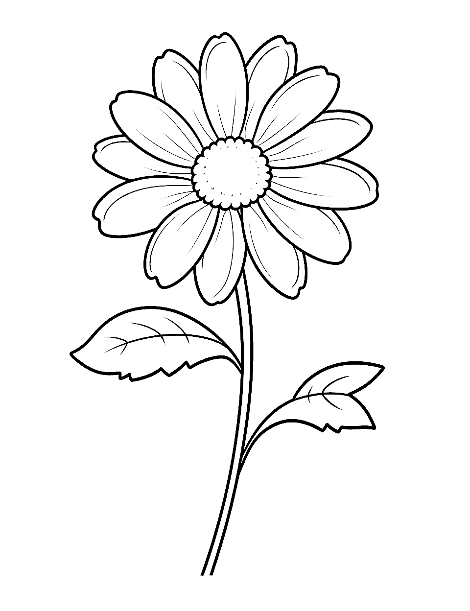Easy Daisy Flower Coloring Page - A simple, large daisy flower coloring page. Ideal for beginners and kindergarteners.