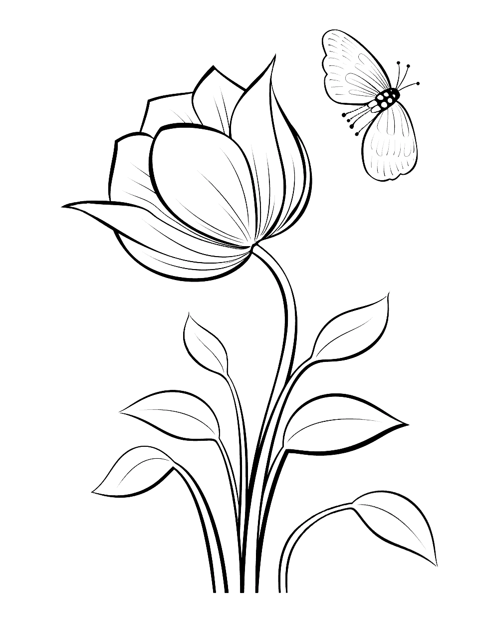 Butterfly on Tulip Flower Coloring Page - A cute butterfly sitting on a beautiful tulip.
