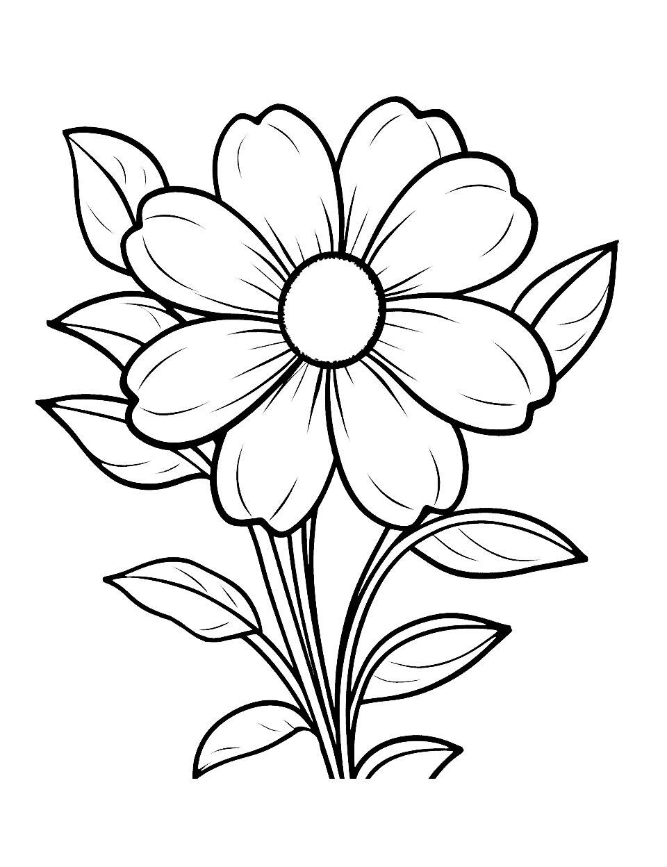 Pretty Preschool Petals Flower Coloring Page - Six soft petals open around a small circle, with leaves tucked in behind on both sides. Lines are thick and shapes are large, so it suits a four year old with a crayon box. Let the petals be one color and the leaves another to keep it simple. Finished fast, which is often the point.