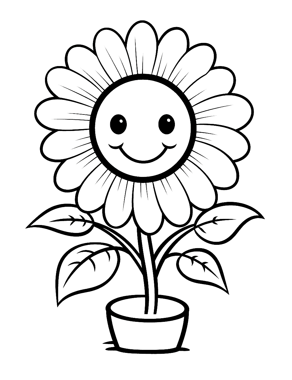 Cool and Cute Sunflower Flower Coloring Page - A cool sunflower with a cute smiley face in the center.