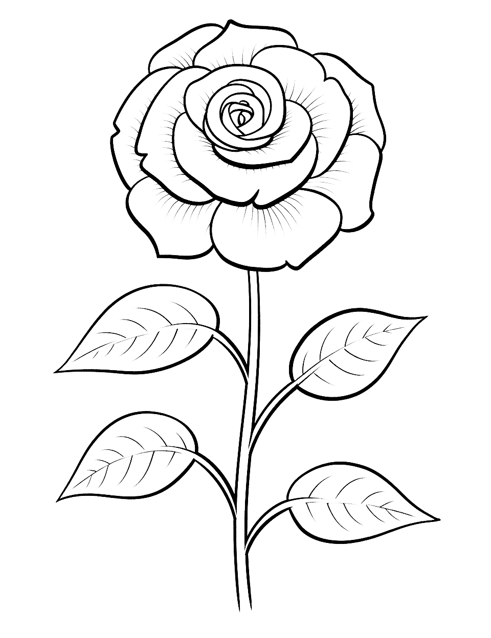 Realistic Rose Flower Coloring Page - A rose in full bloom sits above a stem with four broad leaves. The petals curl in toward a tight swirl at the middle, which gives older kids room to shade from deep red at the center out to pale pink. Leaf veins are drawn in fine lines, so colored pencils work better here than fat markers. Print it on thicker paper if you plan to blend.