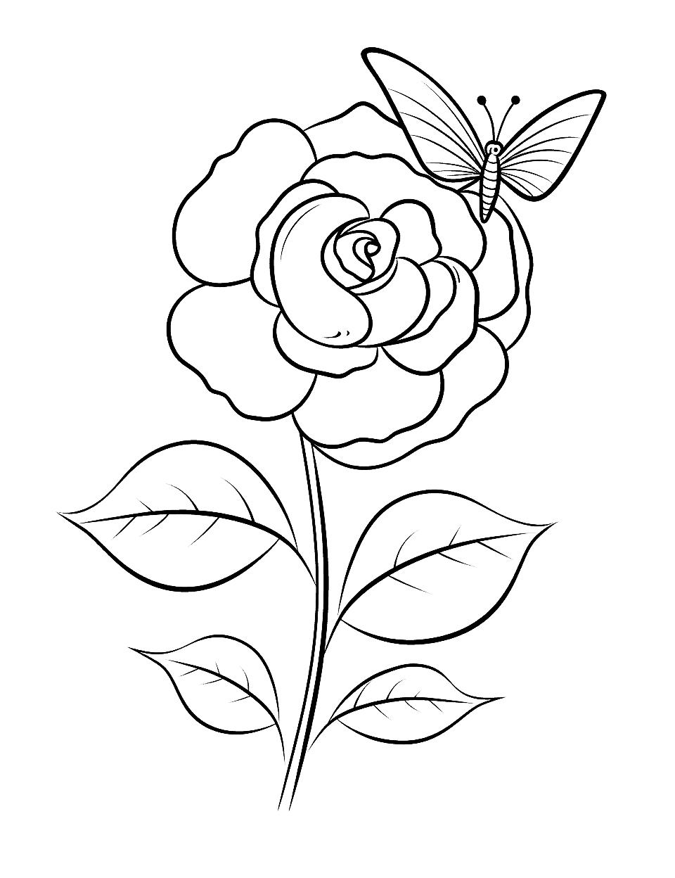 Butterfly and the Rose Flower Coloring Page - A cute butterfly fluttering around a beautiful rose.