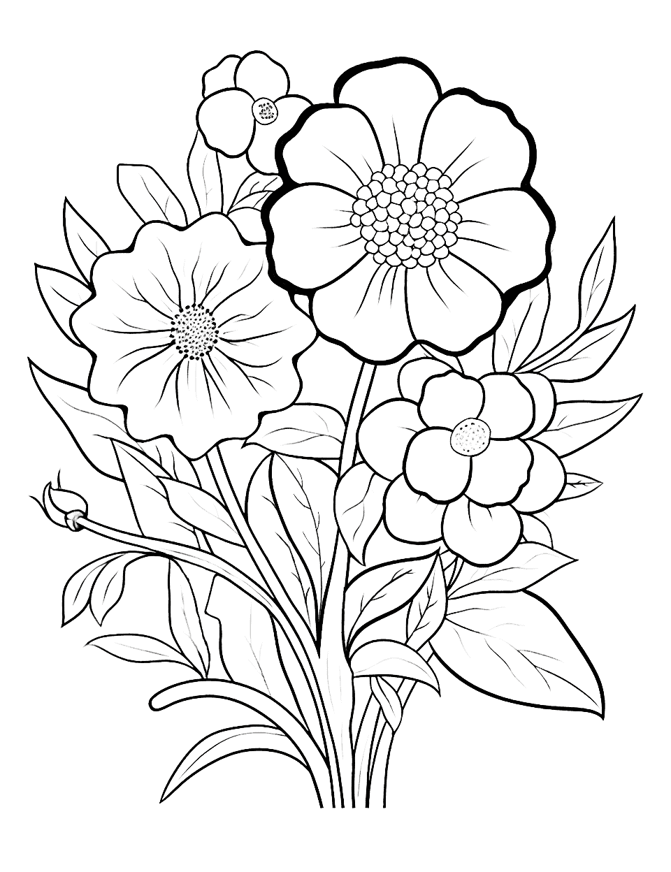 Cool Summer Blossoms Flower Coloring Page - A coloring page featuring a cool arrangement of summer flowers.