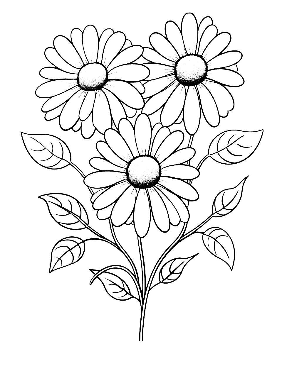 Daisy Love Flower Coloring Page - A heart shape filled with simple daisies, great for beginners.