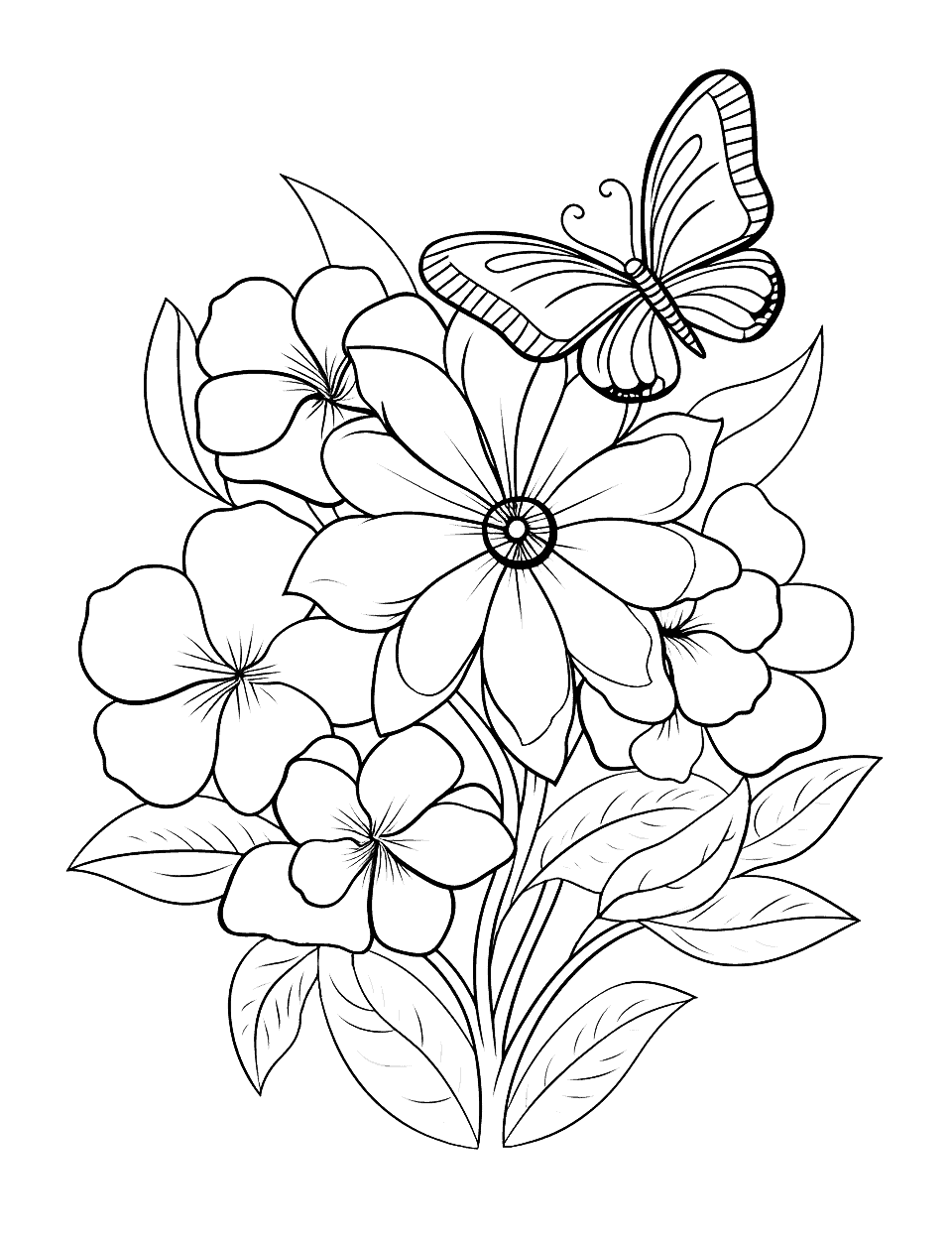 Tropical Flowers and Butterflies Flower Coloring Page - A scene with tropical flowers and cute butterflies.