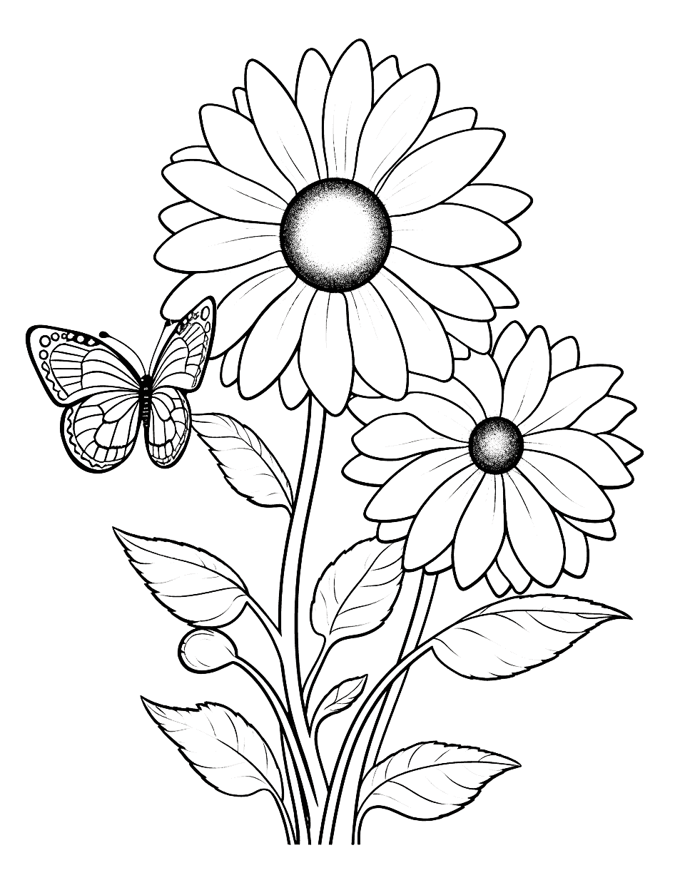 Summer Sunflower Scene Flower Coloring Page - A warm summer scene with sunflowers and butterflies.