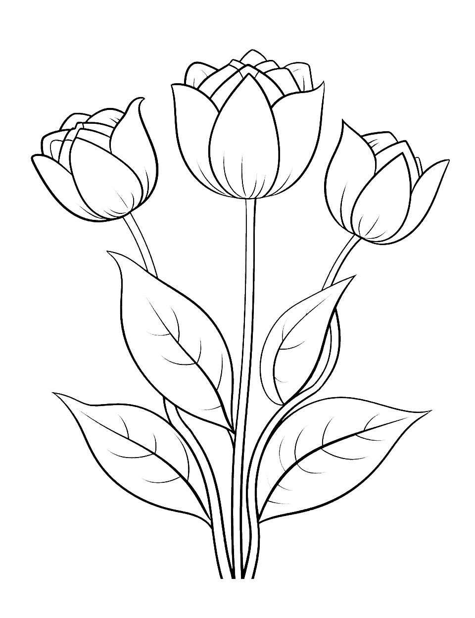 Tulip Trio Flower Coloring Page - Three beautiful tulips growing from a single stem.