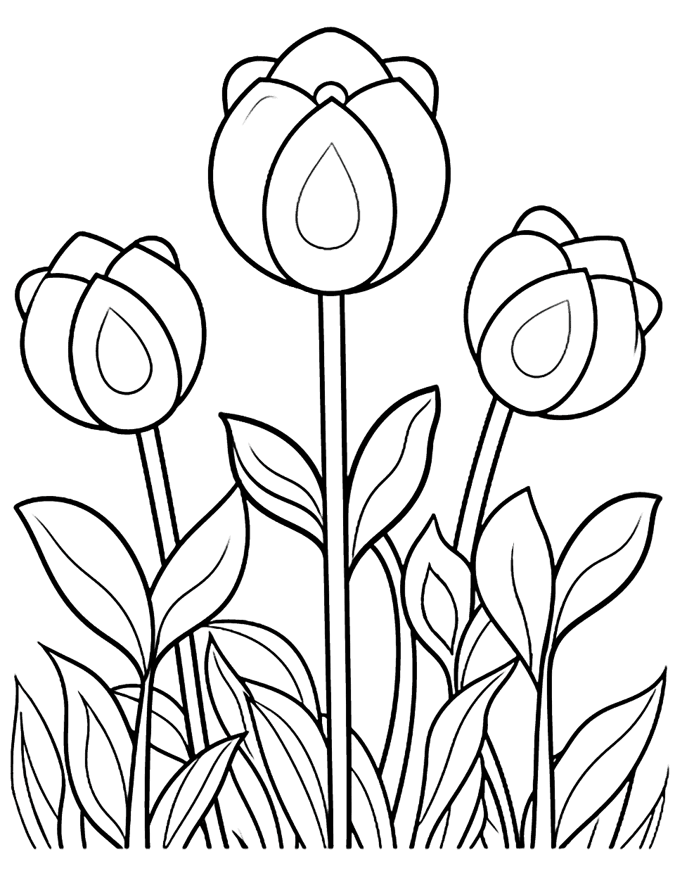 Tulip Field for Kindergarten Flower Coloring Page - An easy and large design featuring a field of tulips, perfect for kindergarteners.