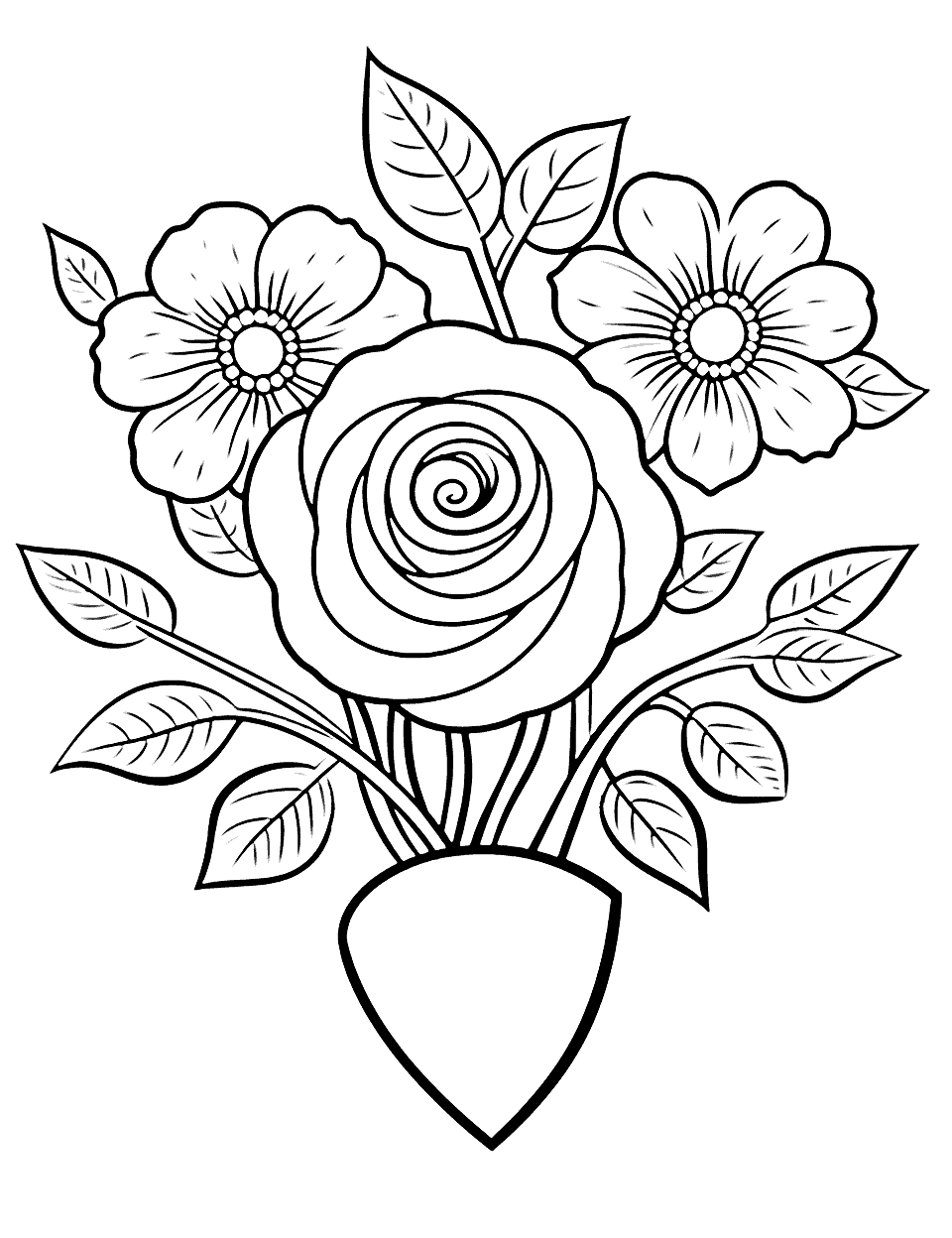 Heart-Shaped Rose Arrangement Coloring Page - A beautiful heart-shaped arrangement of roses.