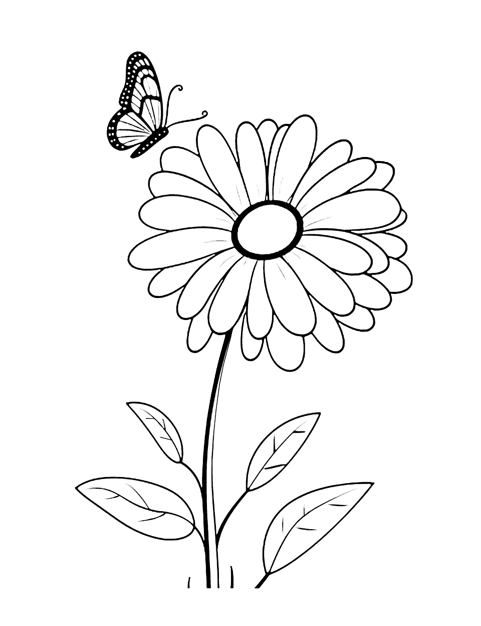 Butterfly Resting on Daisy Coloring Page - A scene of a cute butterfly resting on a daisy.