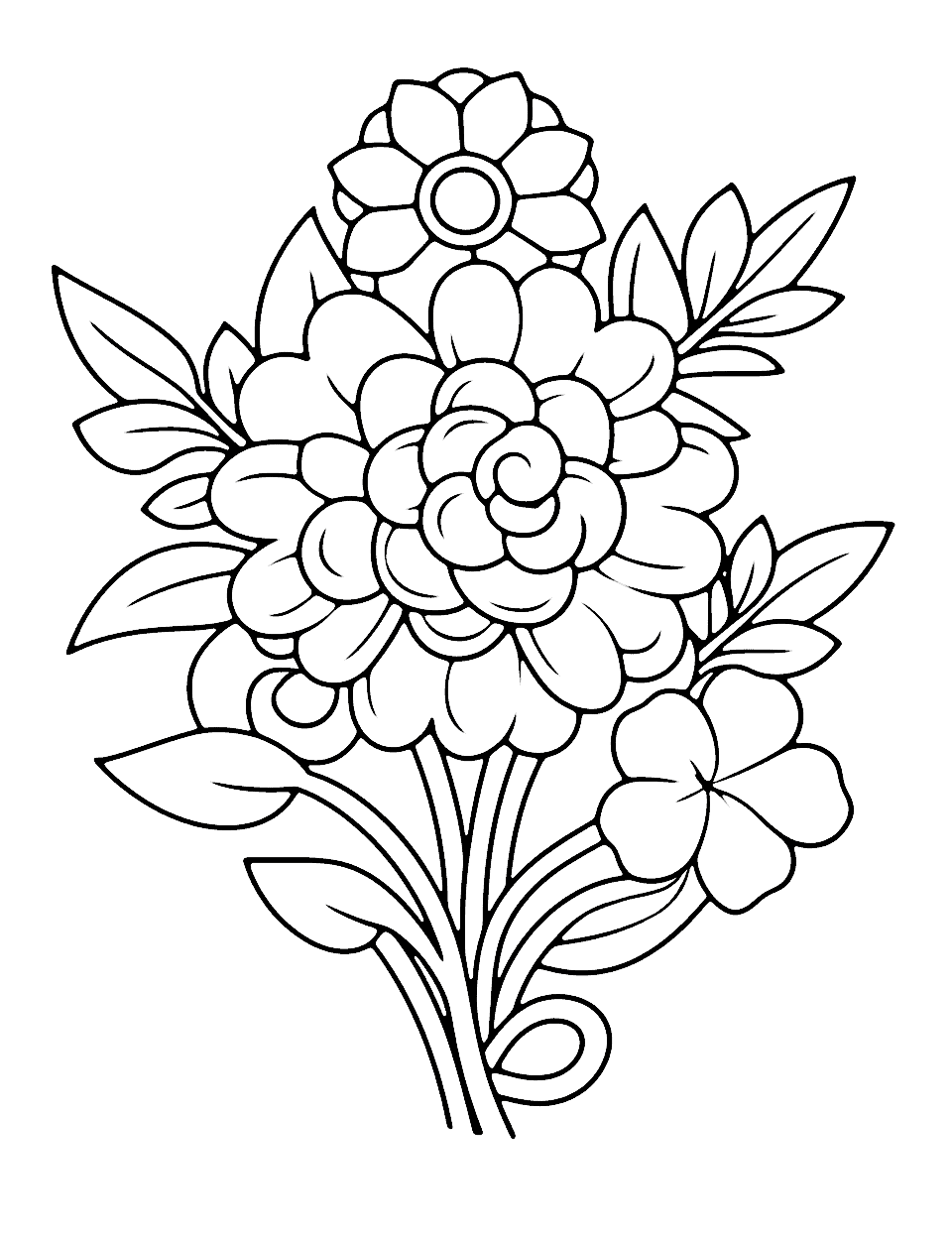 Simple Spring Blooms Flower Coloring Page - A simple, large flower design filled with spring blooms.