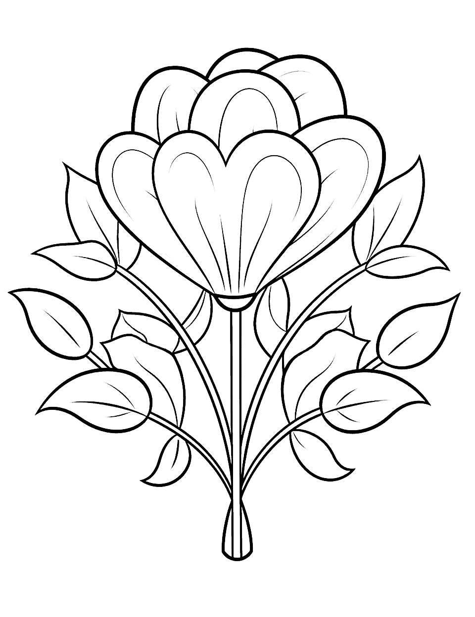 Tulip Heart for Kindergarten Flower Coloring Page - A simple heart design filled with tulips, suitable for kindergarteners.