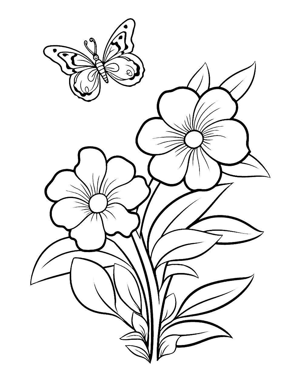 Tropical Flower and Butterfly Scene Coloring Page - A cute tropical scene with flowers and butterflies.