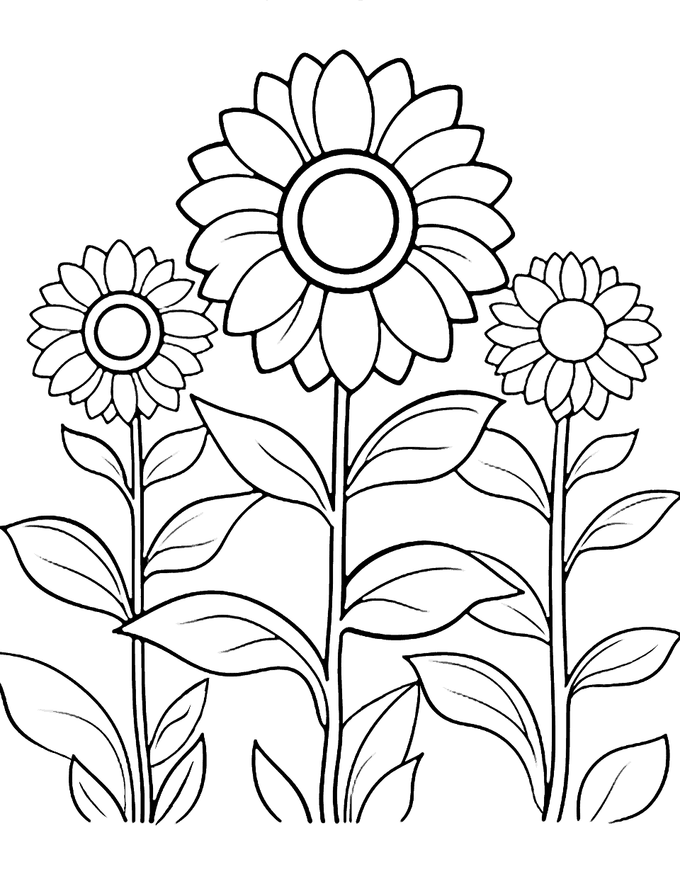 Cute Sunflower Field Flower Coloring Page - A coloring page featuring a cute, cartoonish field of sunflowers.