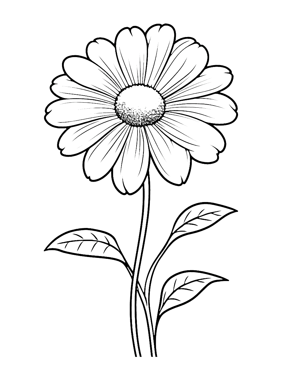 Large Daisy for Beginners Flower Coloring Page - Wide petals circle a lightly speckled center on a tall stem with three leaves. Nothing here is small or fiddly, so crayons are perfectly happy. Try alternating two shades around the petal ring for an easy pattern. A dependable page for a five year old who wants to finish something.