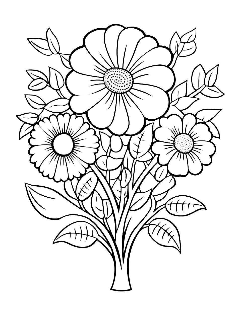 Heart-Shaped Spring Flowers Coloring Page - A coloring page featuring a heart shape filled with spring flowers.