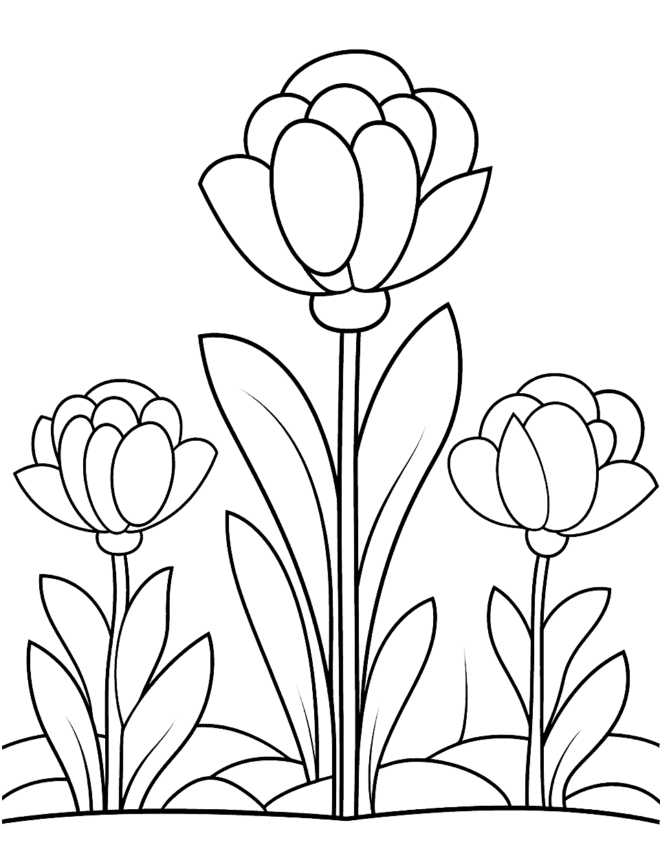 Easy Tulip Field Flower Coloring Page - A large, easy-to-color design featuring a field of tulips.