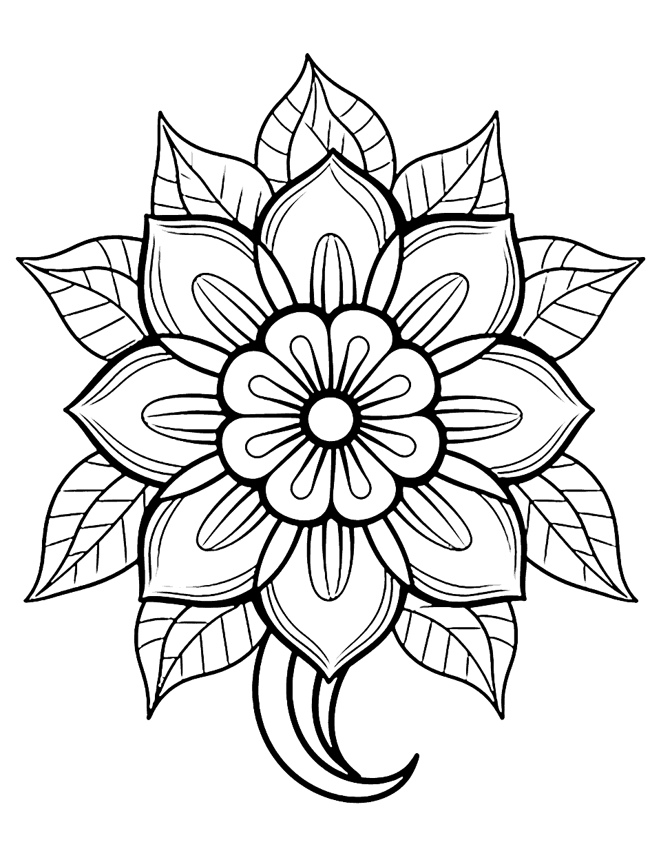 Advanced Floral Mandala Coloring Page - A complex mandala filled with floral patterns.