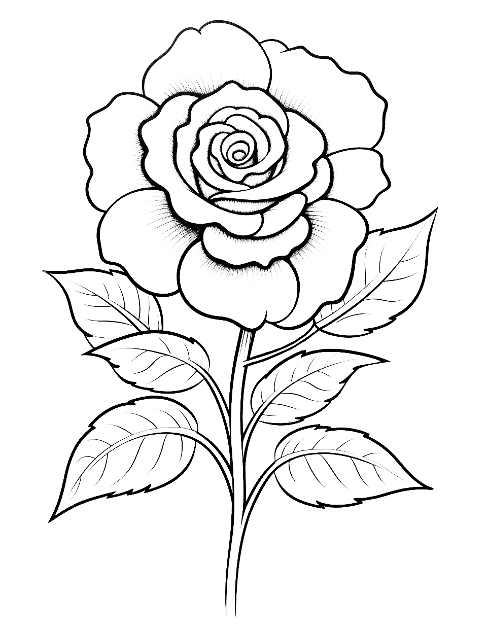 Realistic Rose for Stress Relief Flower Coloring Page - A detailed, realistic rose that can be colored for relaxation.