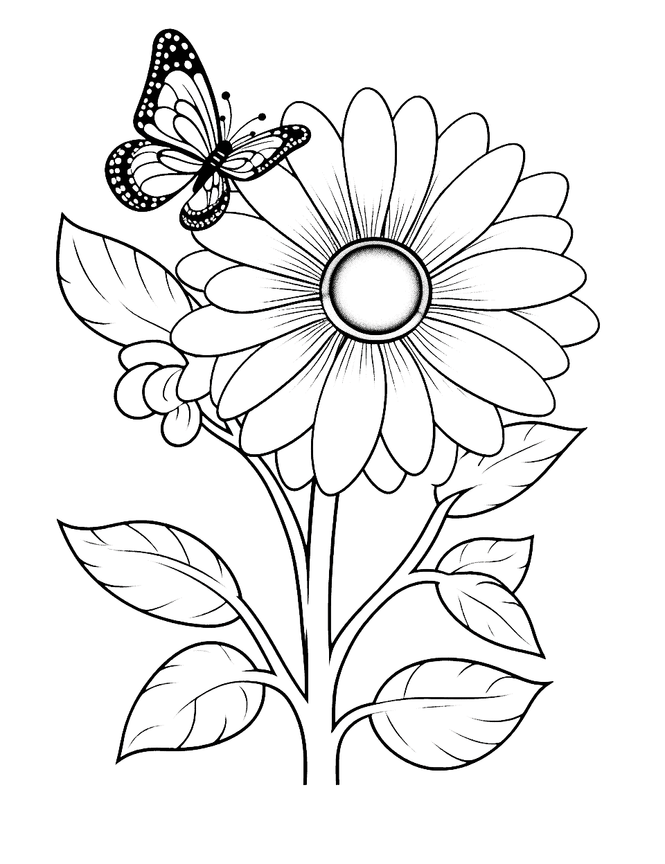 Summer Sunflower and Butterfly Coloring Page - A vibrant summer scene with a sunflower and butterfly.