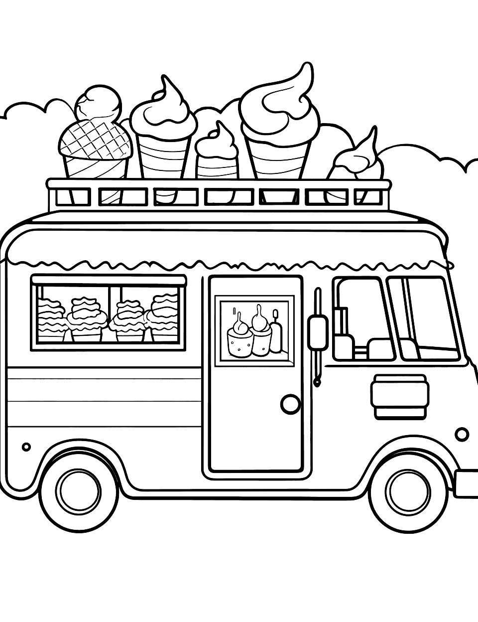 Ice Cream Truck Treats Summer Coloring Page - A colorful ice cream truck with a variety of ice creams visible in the display window.
