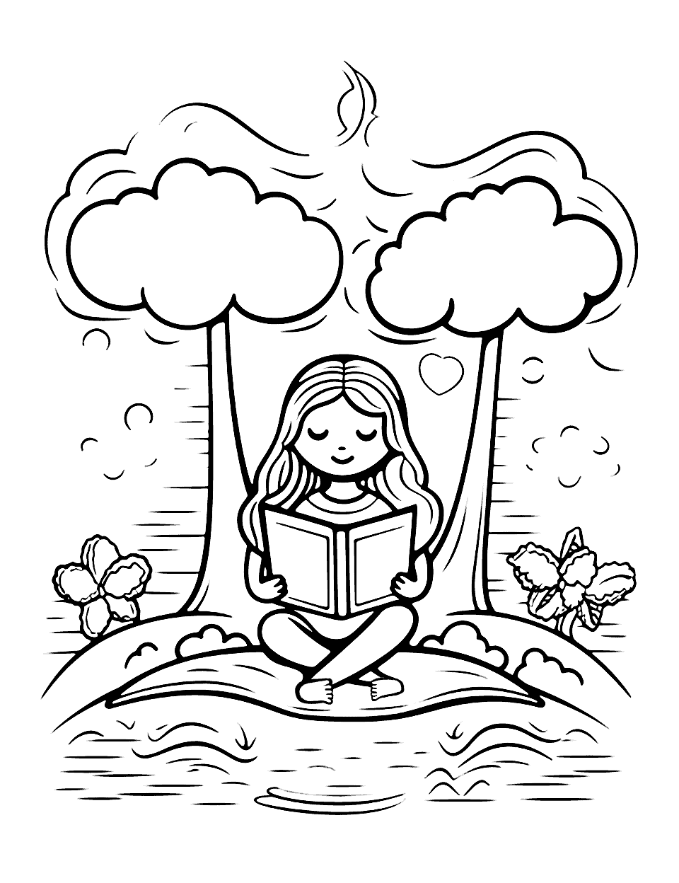 Summer Reading Coloring Page - A fourth grader reading under a tree, surrounded by nature and summer vibes.