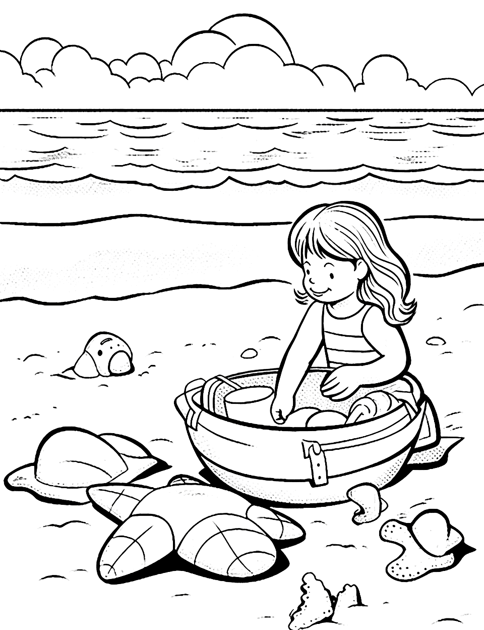 Toddler's Beach Day Summer Coloring Page - A toddler playing with beach toys on a sunny beach, building sandcastles, and collecting seashells.