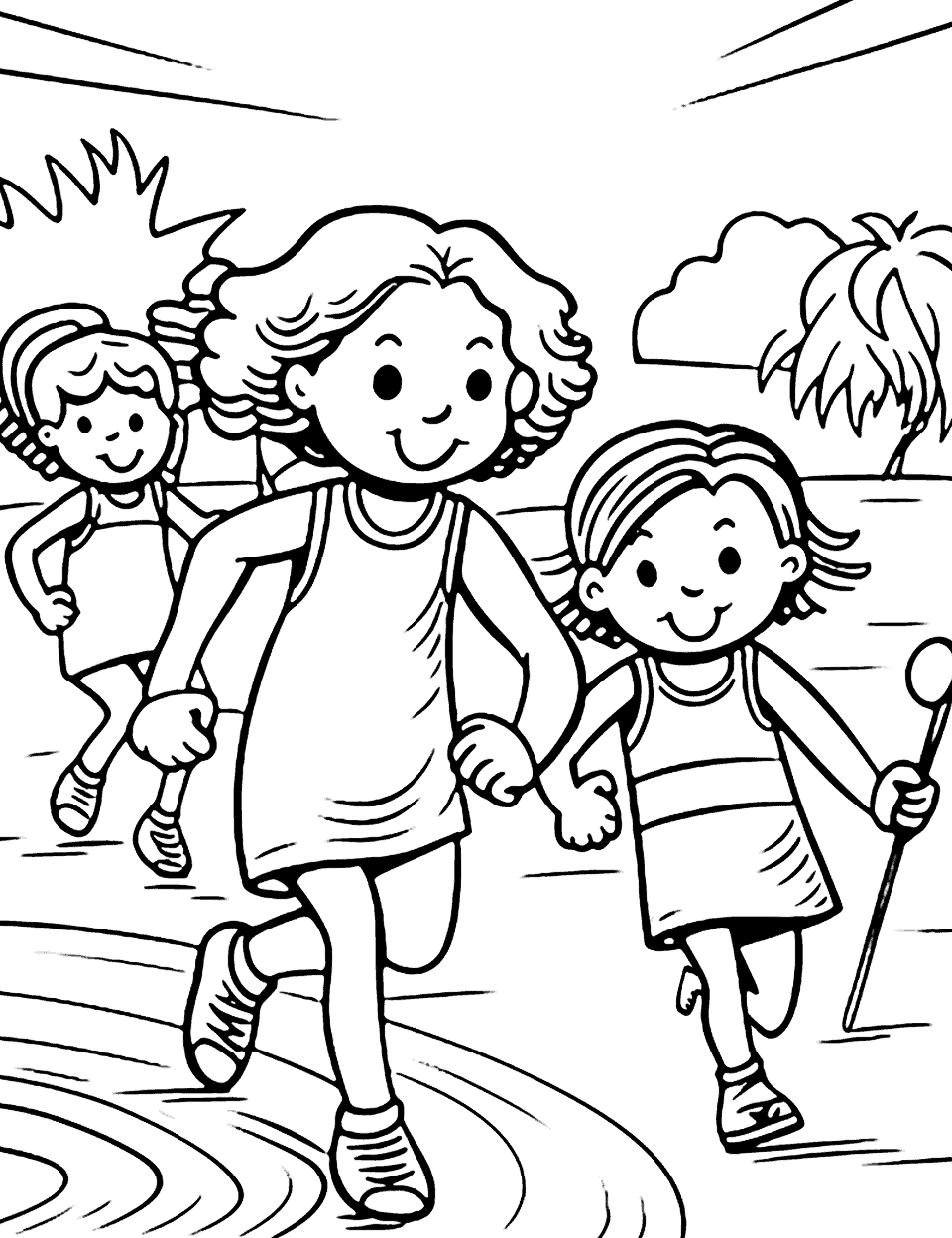 Summer Sports Day Coloring Page - Pre-K kids participating in a fun summer sports day event with races, tug of war, and ball games.