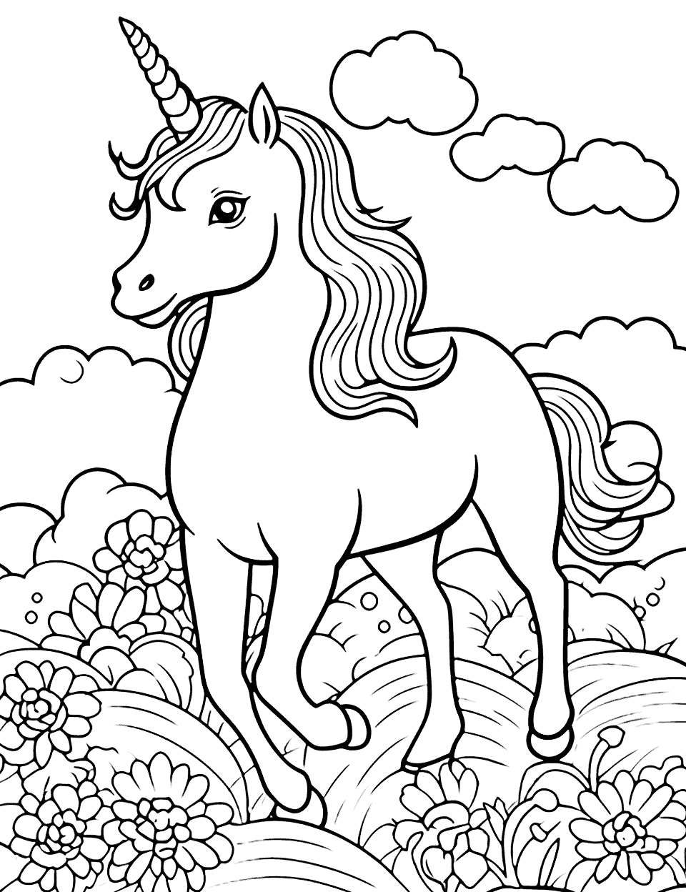 Unicorn's Magical Summer Coloring Page - A mystical unicorn prancing around in a field of flowers under the summer sun.