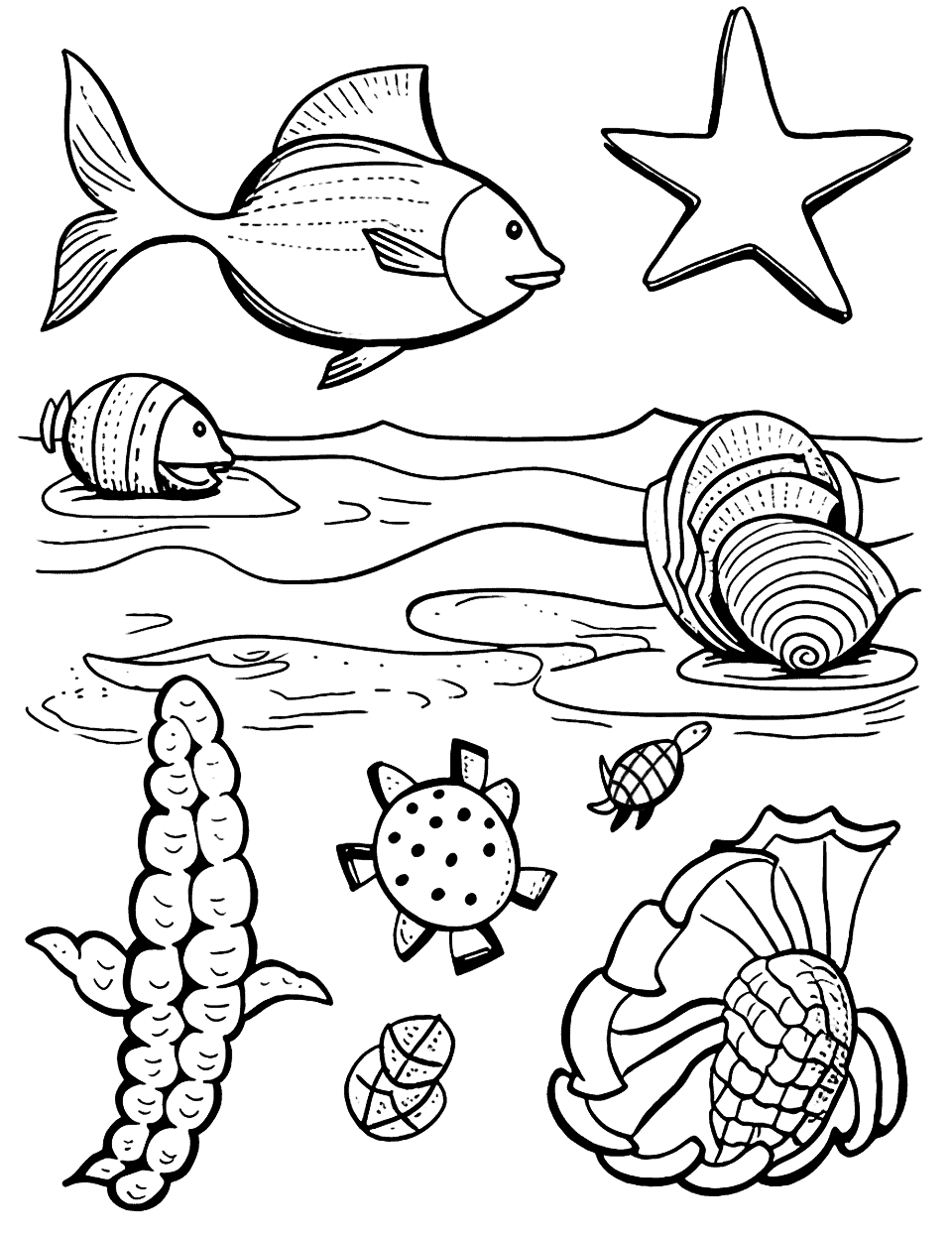 Sea Creature Scavenger Hunt Summer Coloring Page - Discover and color different types of tropical fish, corals, and other sea creatures.