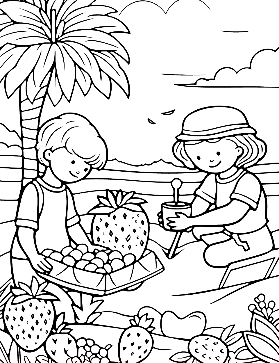 Berry Picking Fun Summer Coloring Page - A family picking summer berries like strawberries, blueberries, and raspberries in a lush garden.