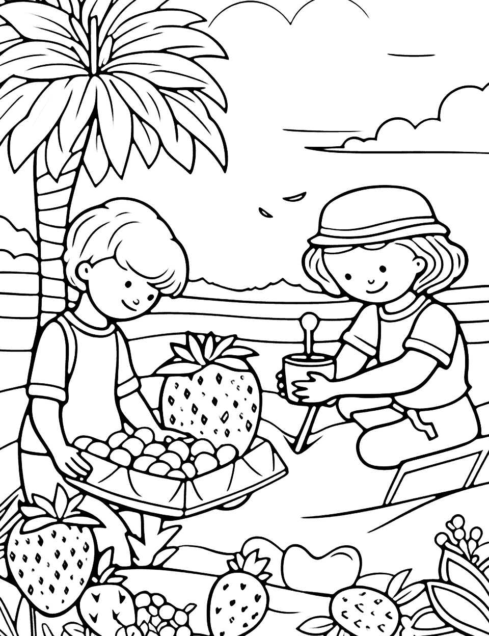 Berry Picking Fun Coloring Page - A family picking summer berries like strawberries, blueberries, and raspberries in a lush garden.