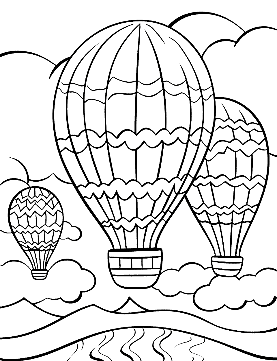 Hot Air Balloon Festival Coloring Page - A hot air balloon festival on a bright, sunny day with balloons of different shapes and colors.