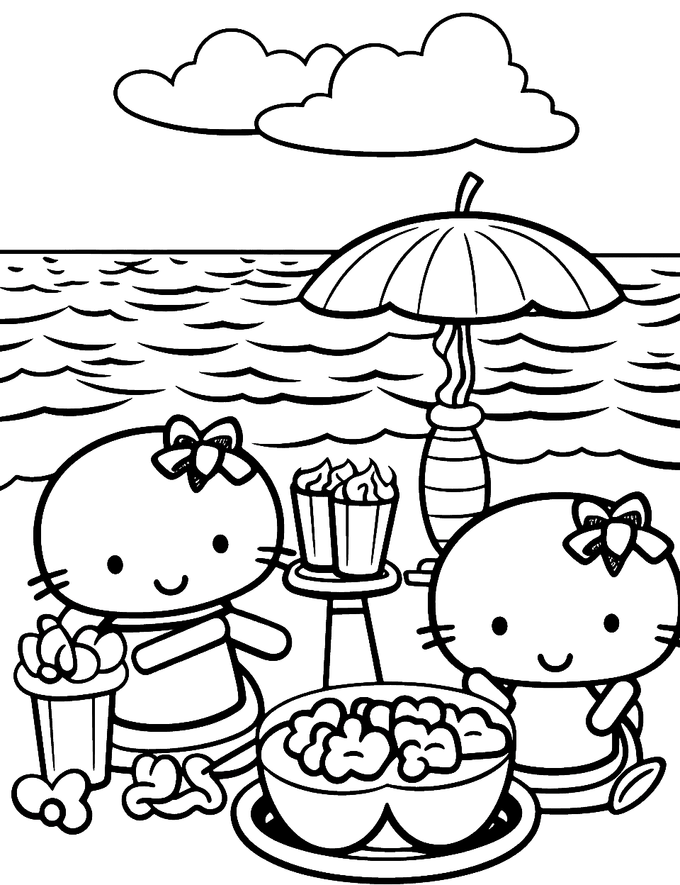 Hello Kitty's Summer Tea Party Coloring Page - Hello Kitty and friends having a tea party outdoors with cakes, biscuits, and summer drinks.