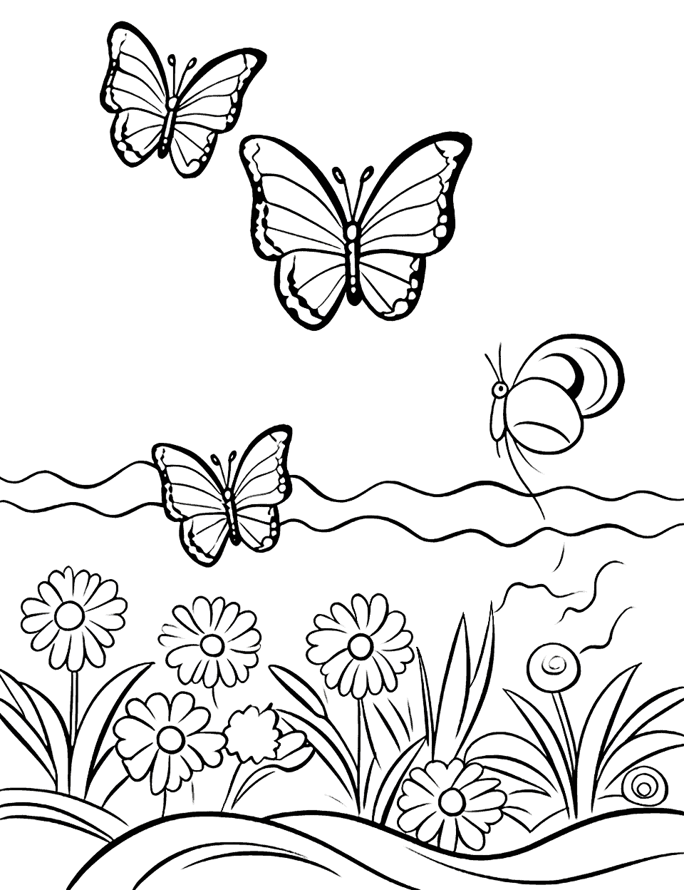 Butterfly Migration Summer Coloring Page - A group of brightly colored butterflies migrating across a sunny field of flowers.