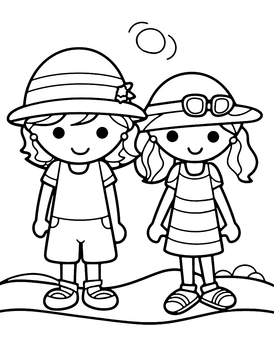 Cute Summer Outfits Coloring Page - Kids dressed up in cute summer clothing such as sun hats, sunglasses, and floral dresses.