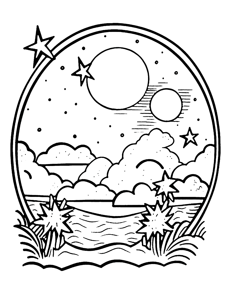 Summer Night Sky Coloring Page - A detailed coloring page of a summer night sky filled with stars, constellations, and a moon.