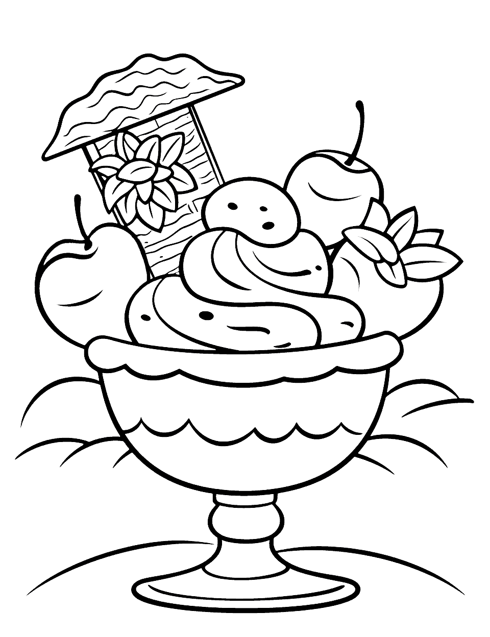 Rainbow Ice Cream Sundae Summer Coloring Page - A towering ice cream sundae with scoops of different flavors, topped with whipped cream, sprinkles, and a cherry.