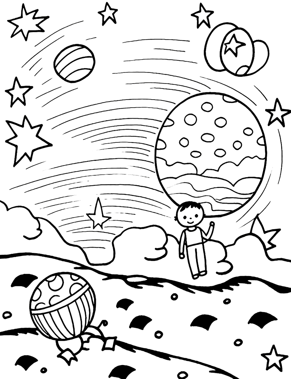 Solar System Exploration Summer Coloring Page - Kids exploring the solar system, visiting different planets, and encountering alien life.