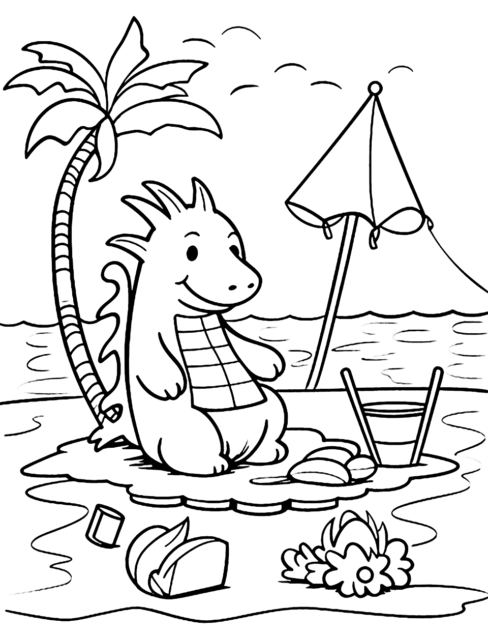Dragon's Summer Barbecue Coloring Page - A friendly dragon hosting a barbecue, roasting marshmallows over its fiery breath.