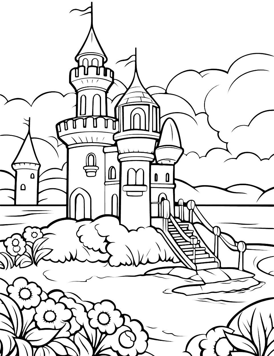 Fairytale Castle on a Summer Day Coloring Page - A majestic fairytale castle with blooming gardens, a flowing river, and a clear blue sky.