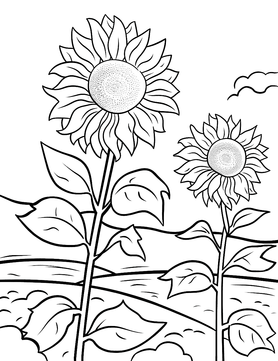 Simple Sunflower Field Summer Coloring Page - A simple coloring page for young kids featuring a field full of blooming sunflowers under a bright sun.