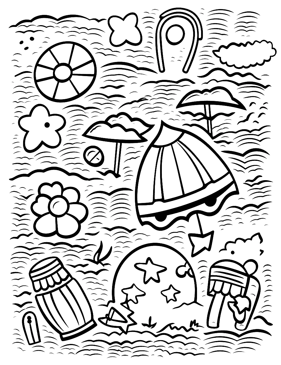 Summer Season Wonders Coloring Page - A collage of different elements that represent the summer season, like sunshine, ice creams, beaches, and flip-flops.