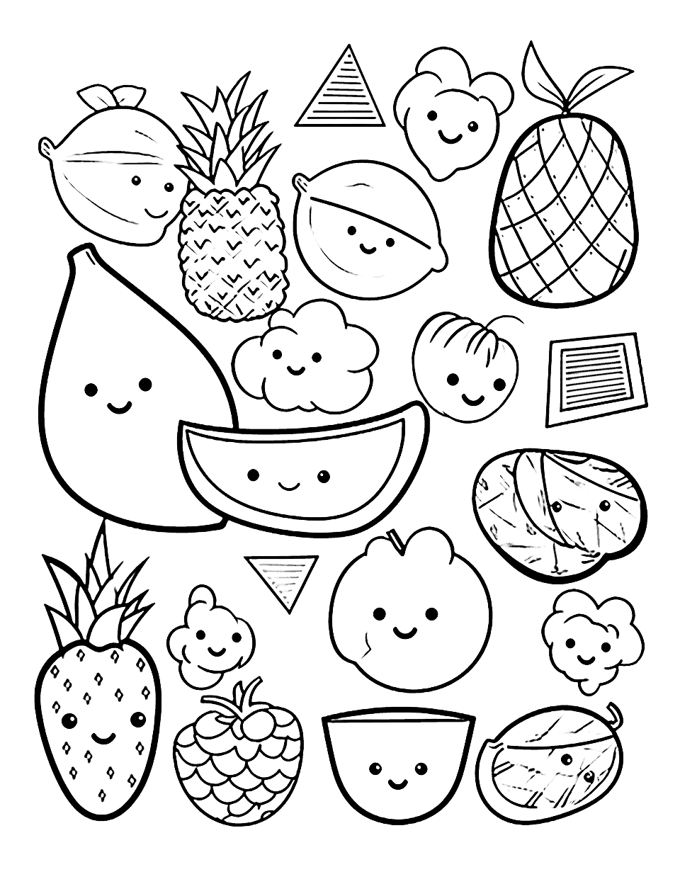 Kawaii Summer Fruits Coloring Page - A collection of kawaii style summer fruits like watermelons, pineapples, and strawberries.