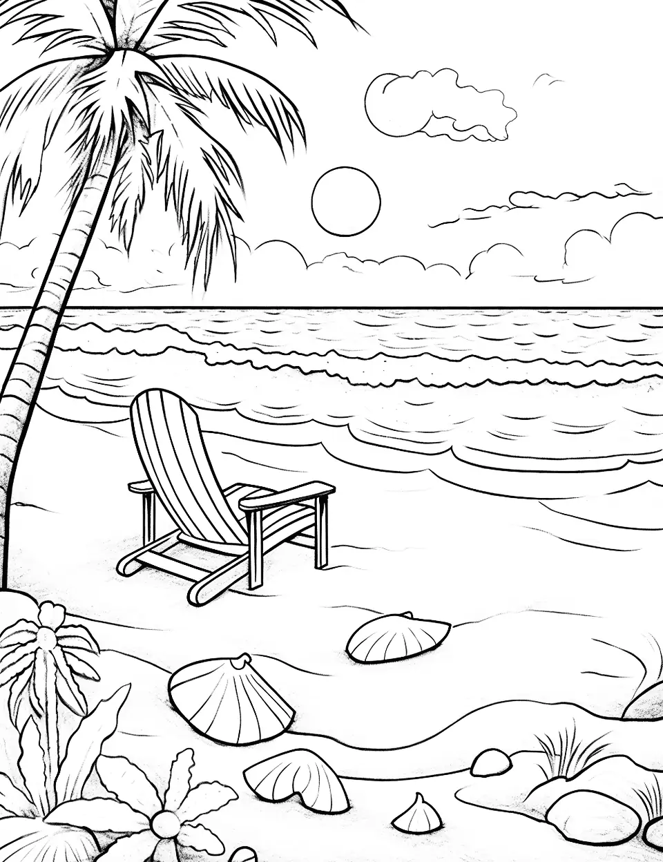 Tropical Beach Paradise Summer Coloring Page - A detailed picture of a tropical beach with palm trees, seashells, and starfish.